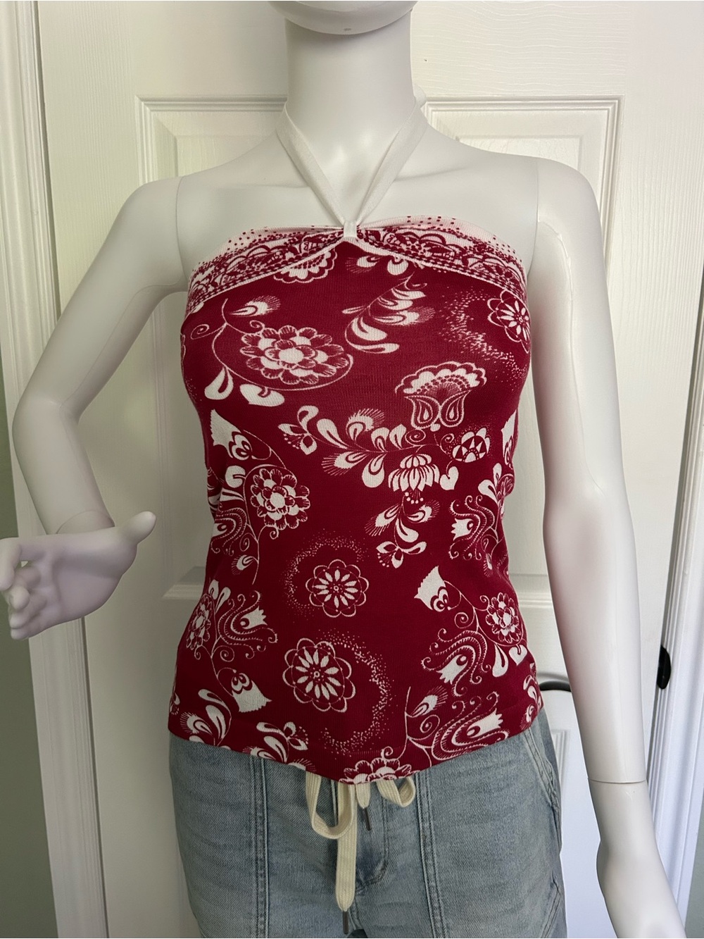 LOFT Red and White Halter Bandana-Print Tube Top